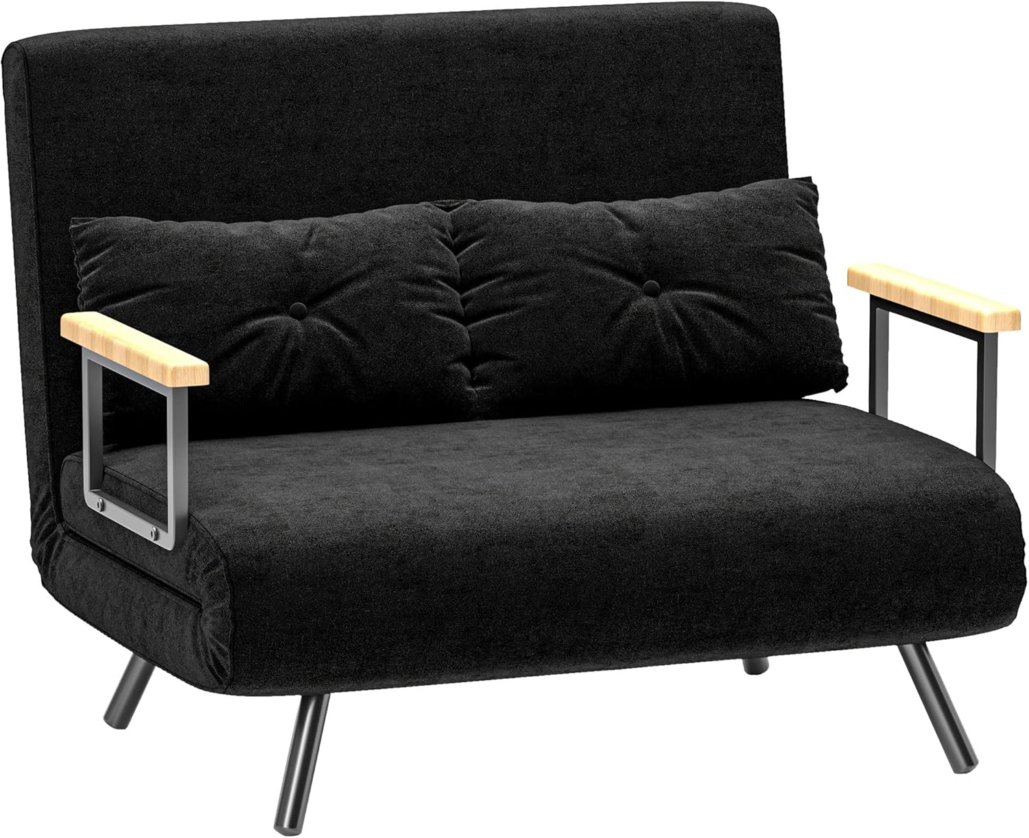 Sofá Cama de Terciopelo 2 Plazas, Ajustable 5 Niveles, Almohadas Incluidas, Negro