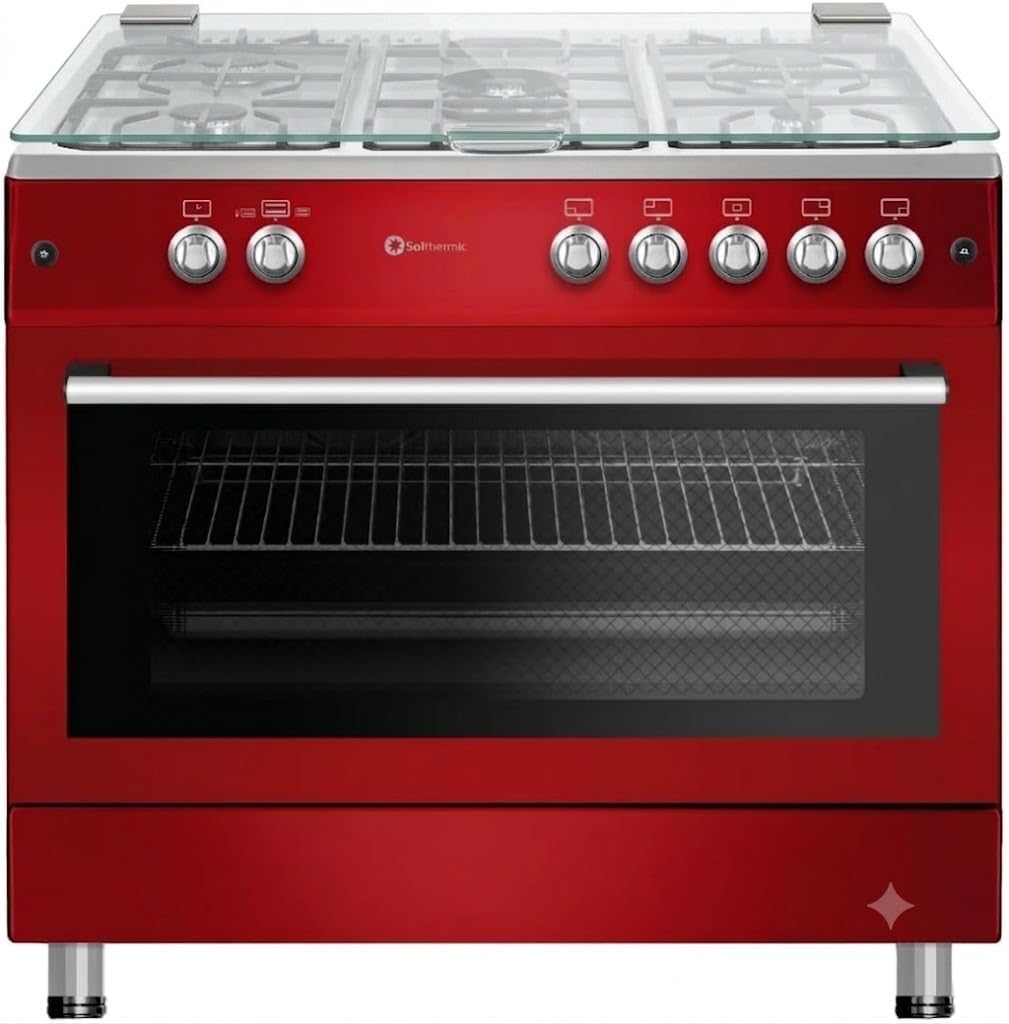 Cocina Retro Roja SOLTHERMIC F9L50G2 con 5 Quemadores y Horno Panorámico - Compatible con Gas Butano y Ciudad