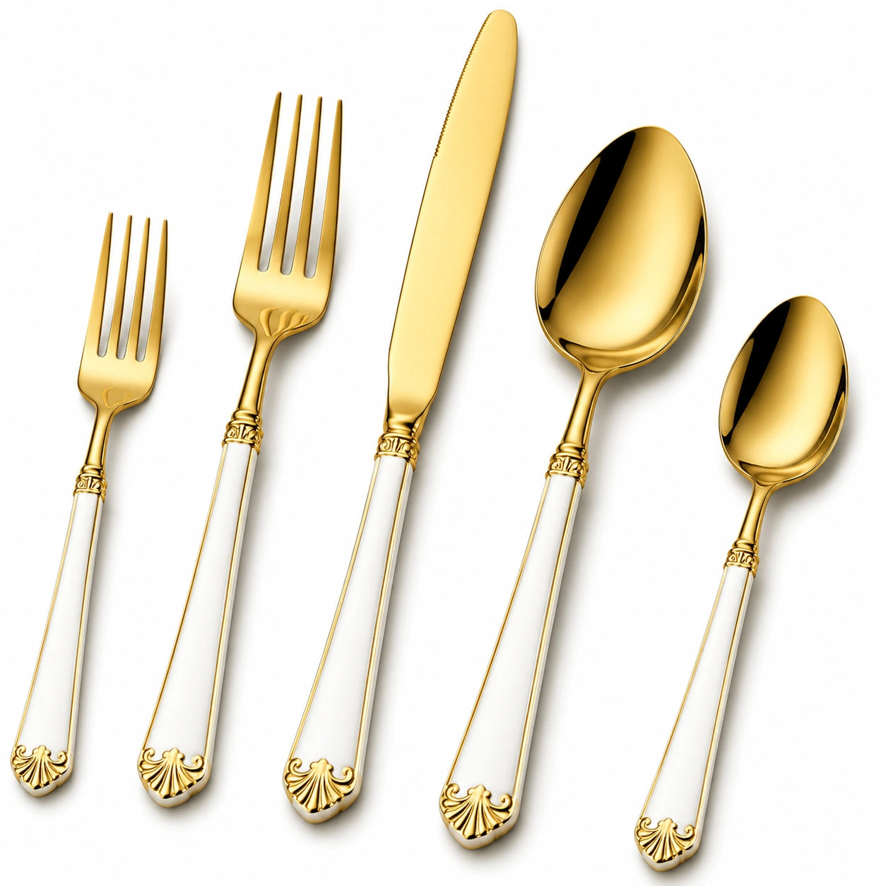 Juego de Cubiertos de 5 Piezas Decorativo en Dorado y Blanco