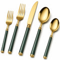 Juego de Cubiertos Dorado con Mango Verde Oscuro, Set de 5 Piezas