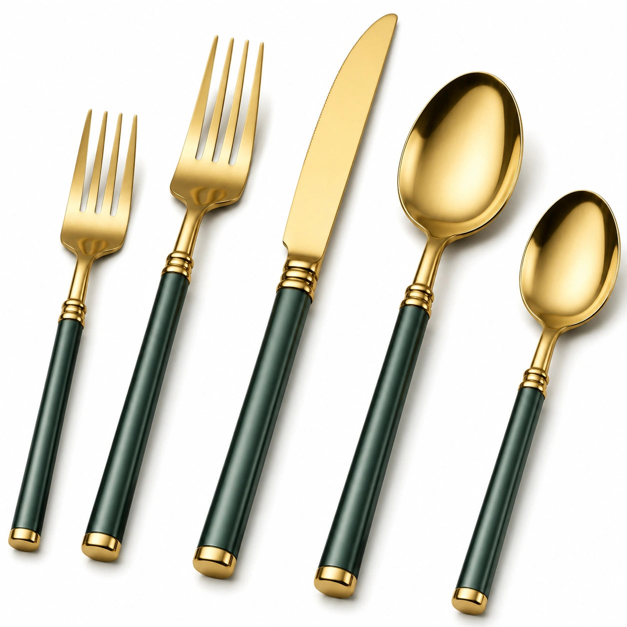 Juego de Cubiertos Dorado con Mango Verde Oscuro, Set de 5 Piezas