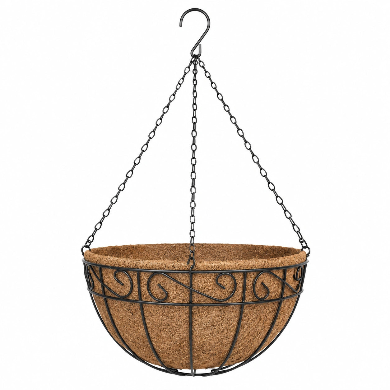 Macetero Colgante de Metal con Forro de Coco, Negro y Marrón, 30 cm