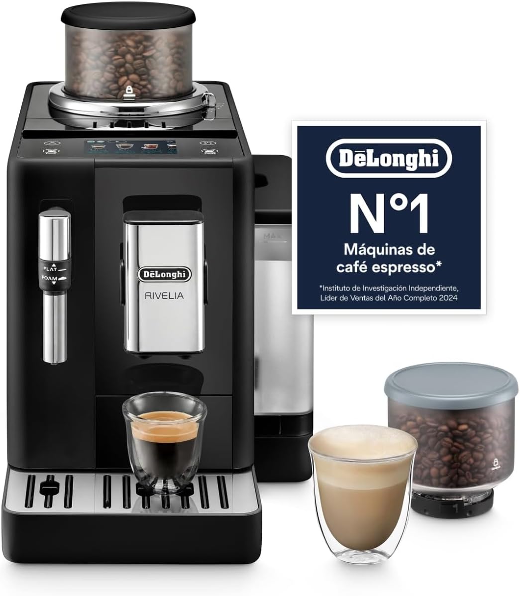 Cafetera Superautomática De'Longhi Rivelia con Espumador, 8 Bebidas, Pantalla Táctil, Depósitos Intercambiables, Negra