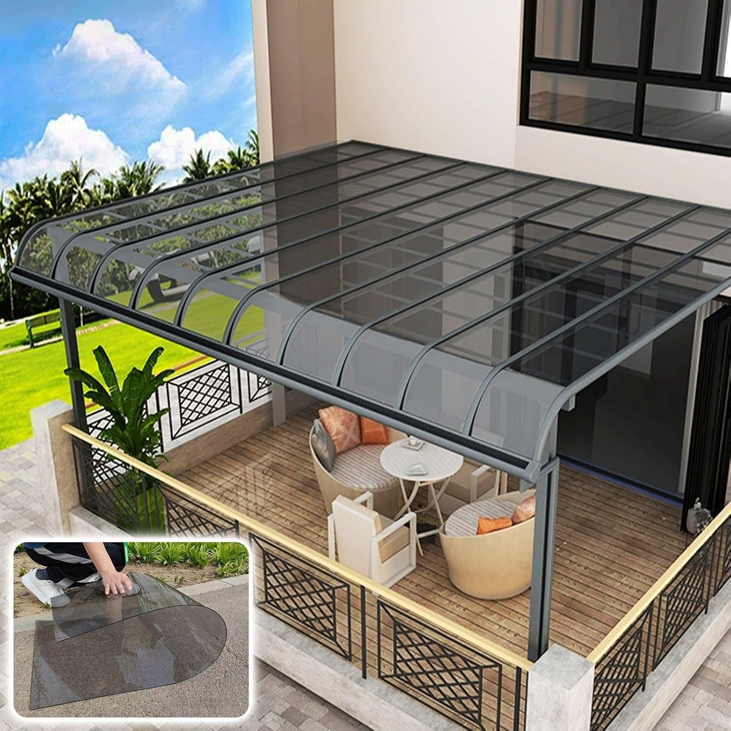 Invernadero de Placas de Policarbonato Transparente para Exterior, Lámina PC Resistente a UV y Lluvia, Ideal para Techos y Pérgolas de Jardín (Gris, 183x300cm)