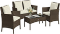 Set de Muebles de Jardín de Ratán con Cojines Desmontables, Incluye Sofá, Sillas y Mesa de Vidrio, Color Marrón