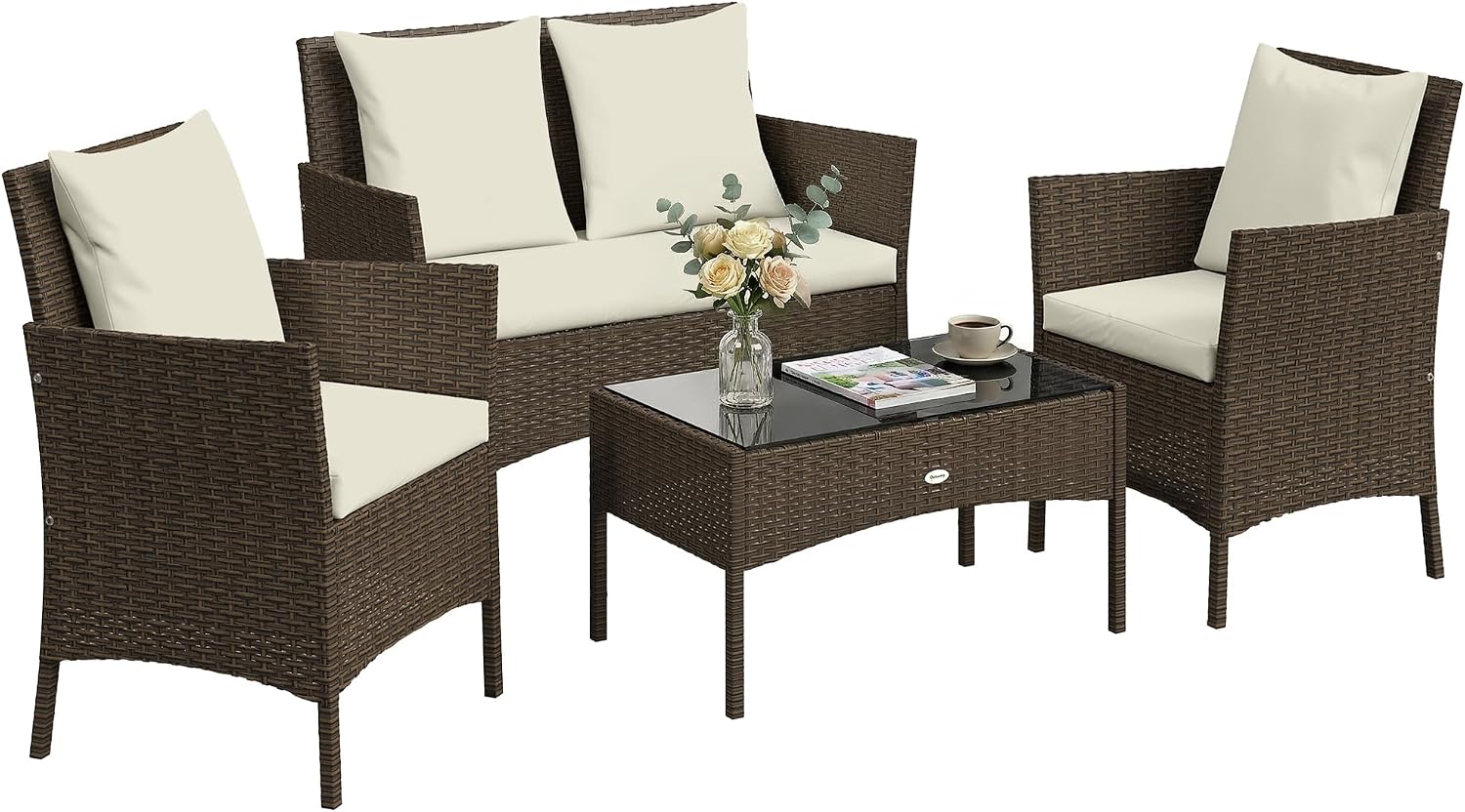 Set de Muebles de Jardín de Ratán con Cojines Desmontables, Incluye Sofá, Sillas y Mesa de Vidrio, Color Marrón