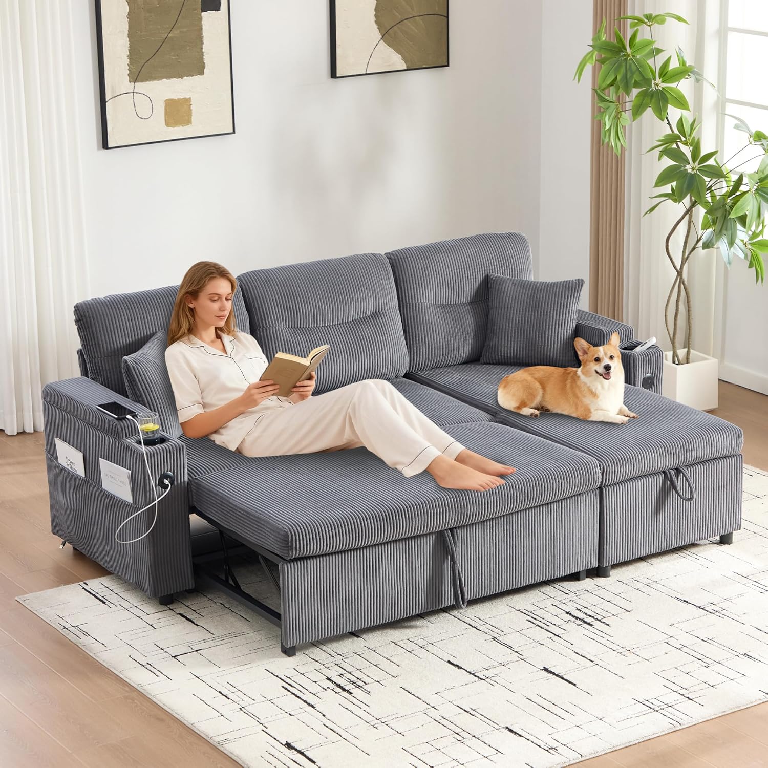 Sofá modular en L con cama nido, chaise longue y almacenamiento, 3 plazas, portavasos y USB, gris oscuro