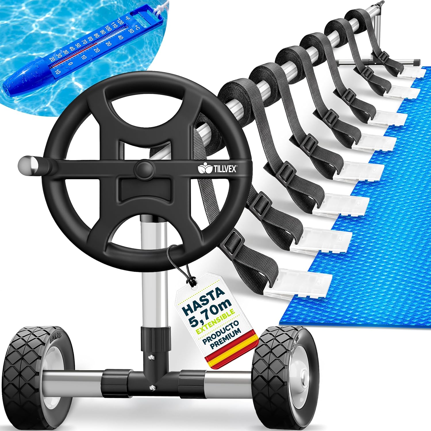 Enrollador de Cubiertas para Piscinas tillvex 3-5,7 m con Ruedas y Termómetro