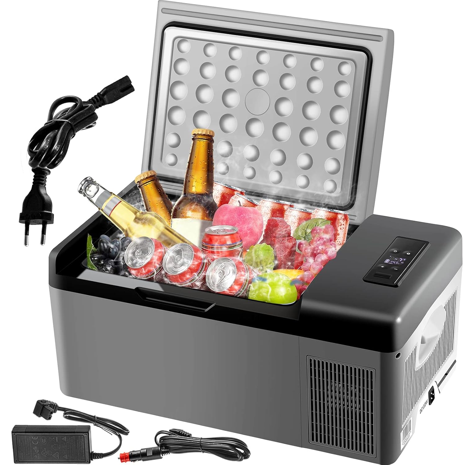 VEVOR Nevera Eléctrica Portátil 15L, Refrigerador de Coche 12/24V, Panel LCD y Batería Ajustable para Camping