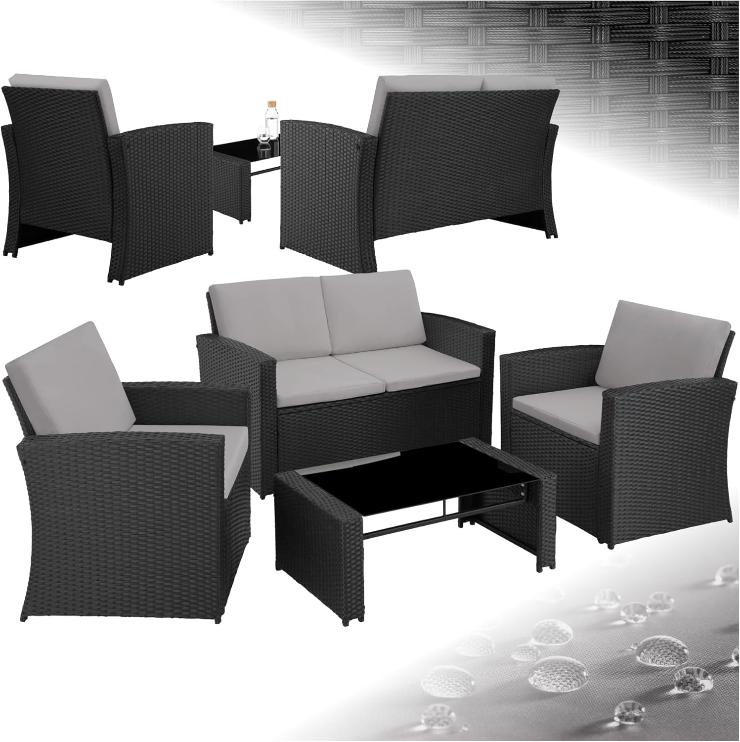 Conjunto de Muebles de Jardín Tectake de Ratán y Acero, 2 Sillones, Sofá, Mesa de Cristal, Cojines con Fundas Removibles, Resistente al Clima