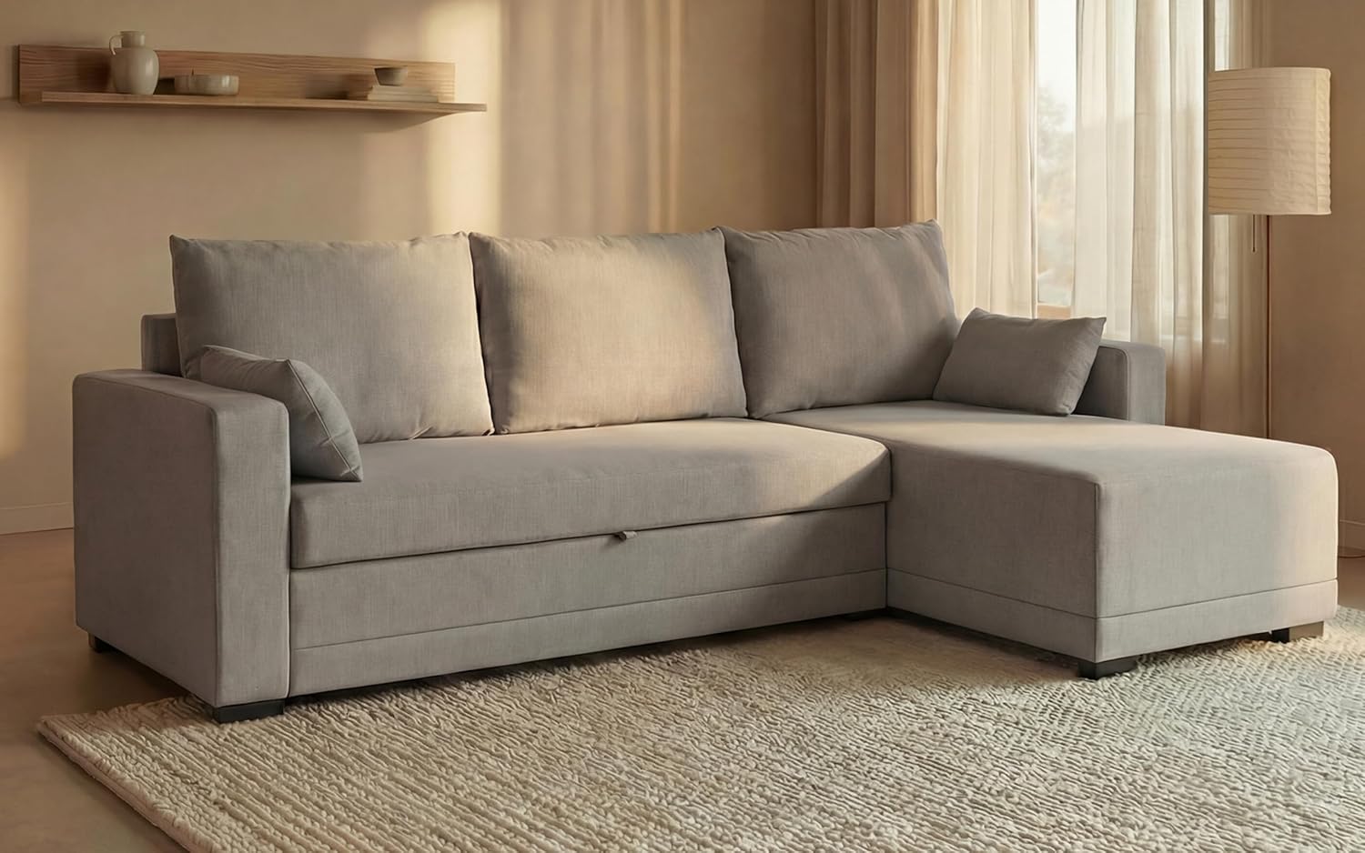 Sofá Cama Esquinero 3 Plazas con Chaise Longue Reversible y Cojines - Poliéster Gris Claro
