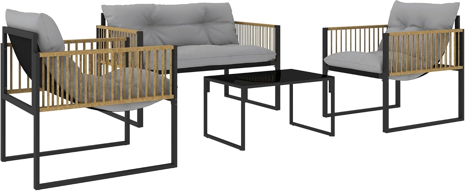 Outsunny Conjunto de Jardín de Ratán Sintético de 4 Piezas: Sofá 2 Plazas, 2 Sillones y Mesa de Vidrio con Cojines Gris y Natural