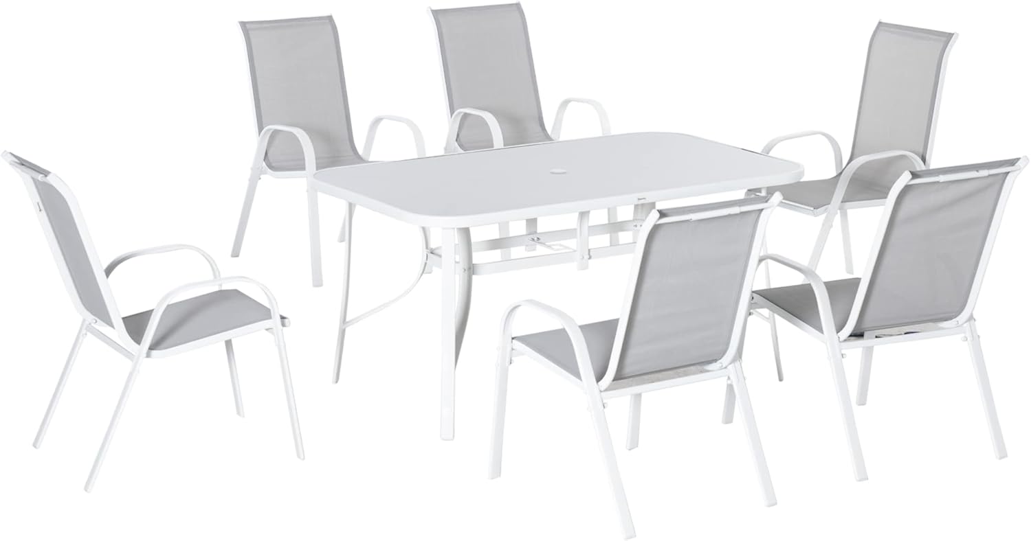 Set de Mesa y Sillas de Jardín de 7 Piezas Outsunny, Muebles para Exterior con Mesa, 6 Sillas y Encimera de Cristal, Incluye Orificio para Sombrilla, Ideal para Terraza y Patio, Color Gris
