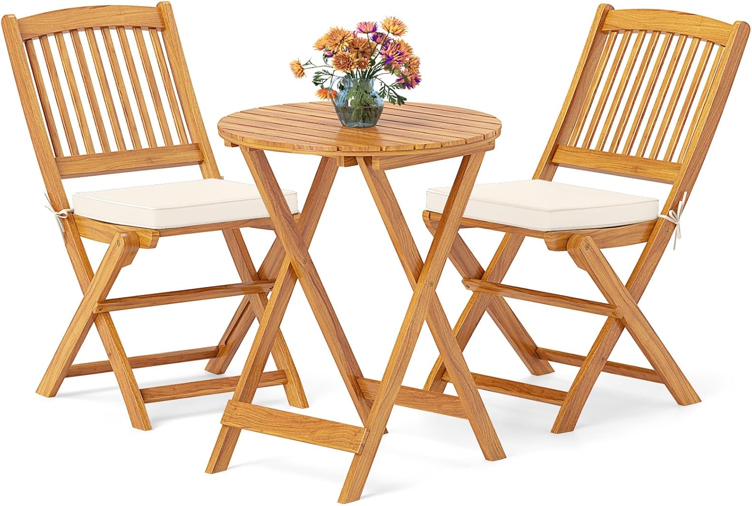 Conjunto Bistró 3 Piezas de Madera de Acacia Plegable con Cojines, para Terraza y Jardín