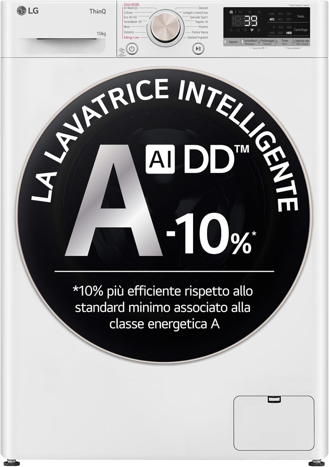 Lavadora LG AI DD 10 kg, Carga Frontal, Clase A -10%, 1400 RPM, TurboWash 360, Vapor, Wi-Fi, Blanco