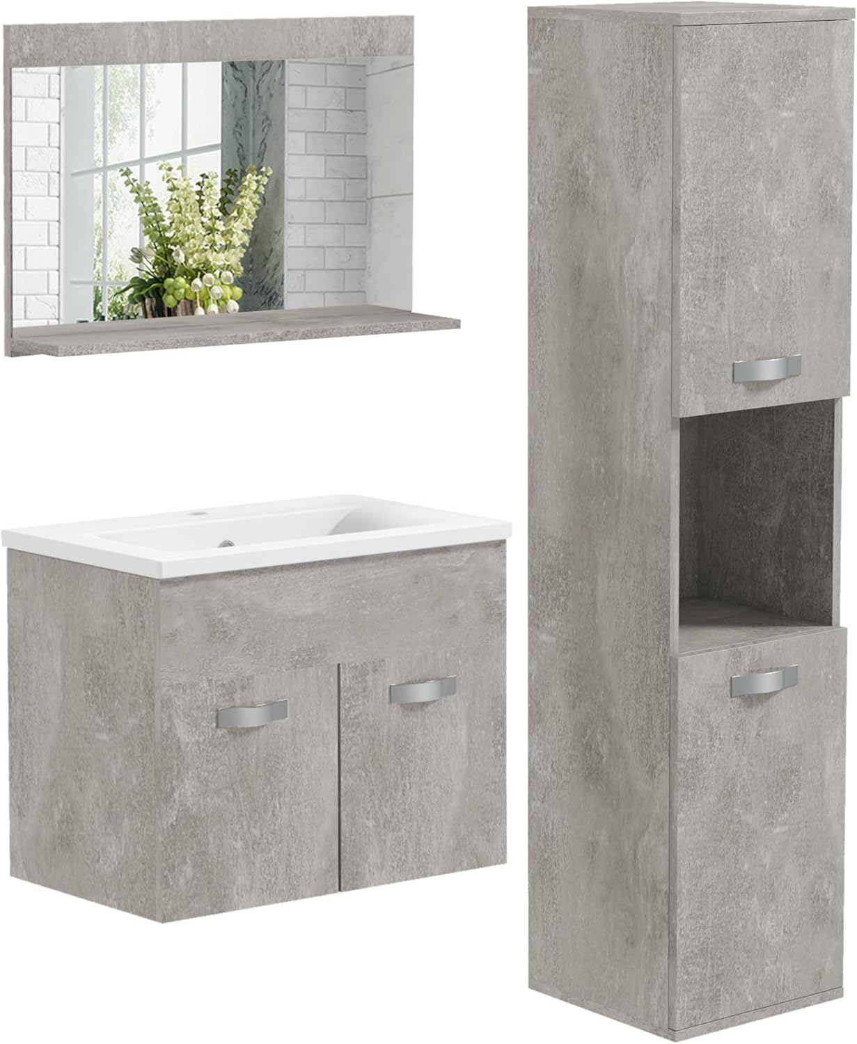 kleankin Muebles de Baño Modernos 3 Piezas: Espejo, Lavabo Cerámico y Armario con Estantes Ajustables, Gris