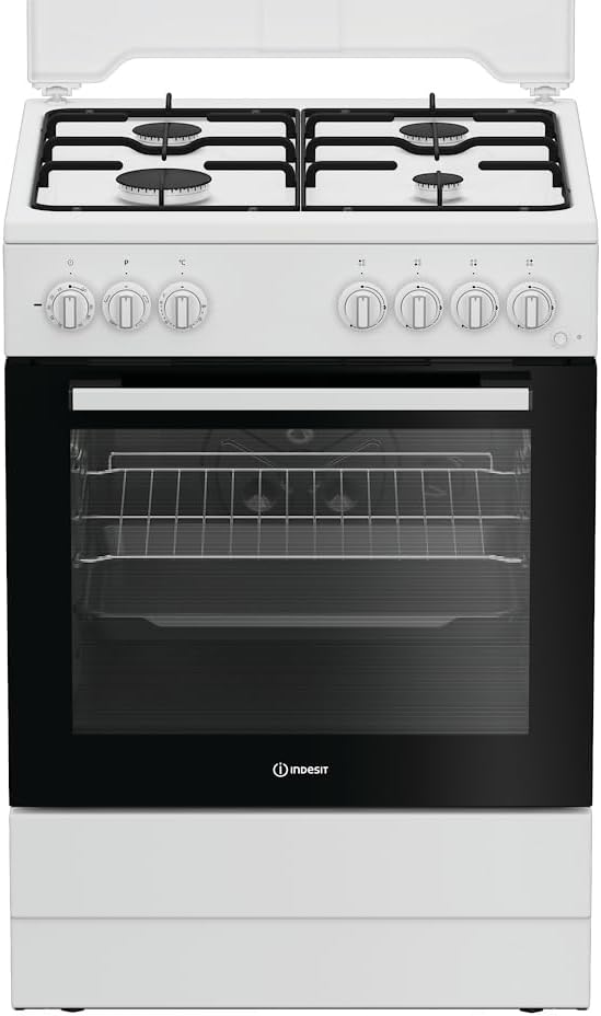 Cocina de gas 60 cm, 4 quemadores, horno eléctrico 73L con parrilla, temporizador, blanco, clase A