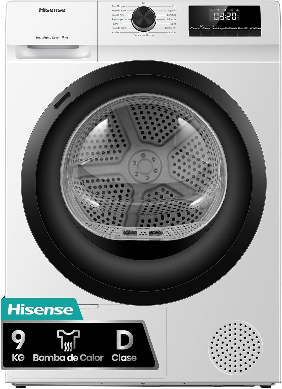 Hisense Secadora Bomba de Calor 9Kg, Clase D, Rápido 30', Fin Diferido, Blanca