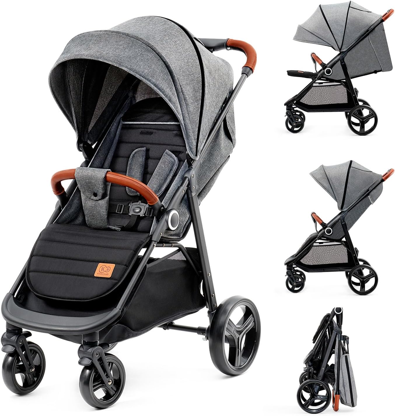 Kinderkraft GRANDE PLUS Cochecito Ligero desde Recién Nacido hasta 22 kg, Plegado Compacto, Respaldo Reclinado, Suspensión Total, Capota XL, Gris