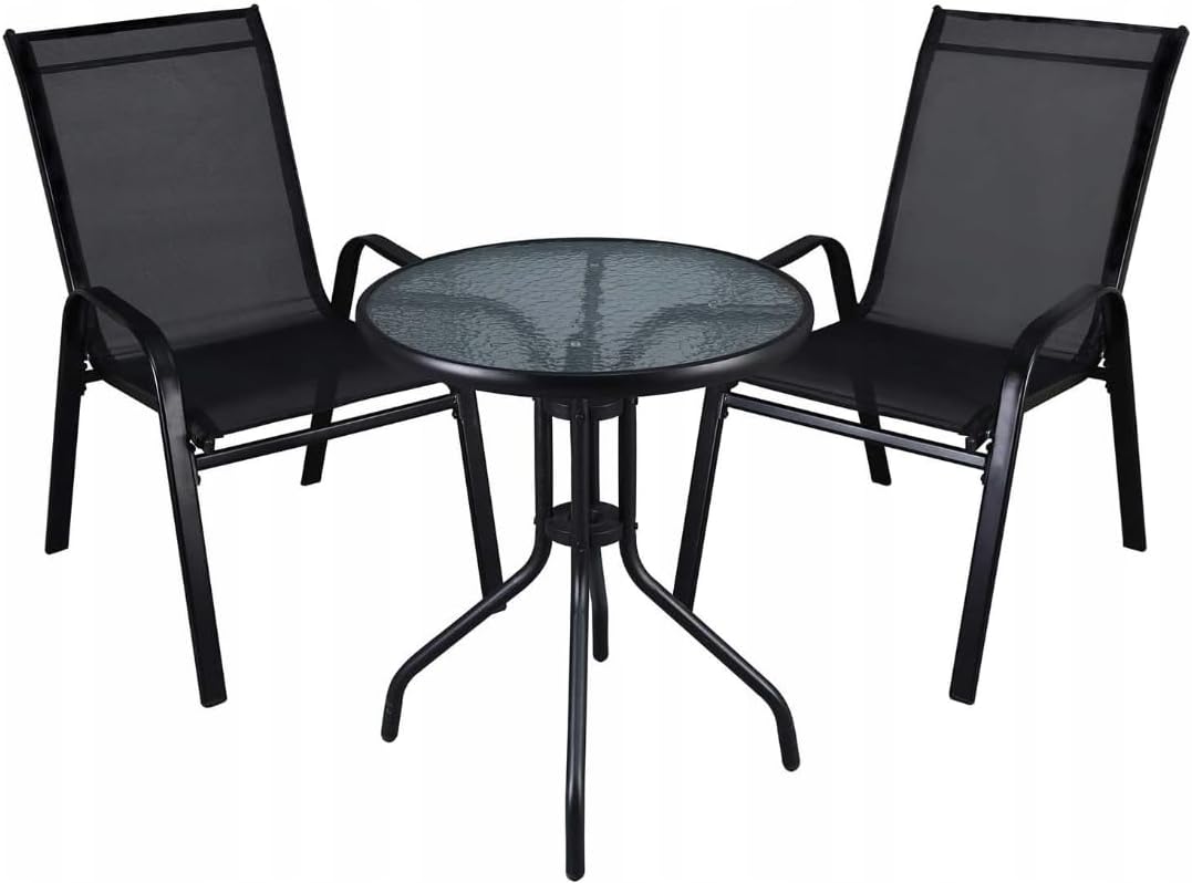 Conjunto de Muebles para Balcón: Mesa Redonda de Vidrio 60x70 cm y 2 Sillas de Textileno - Ideal para Exterior