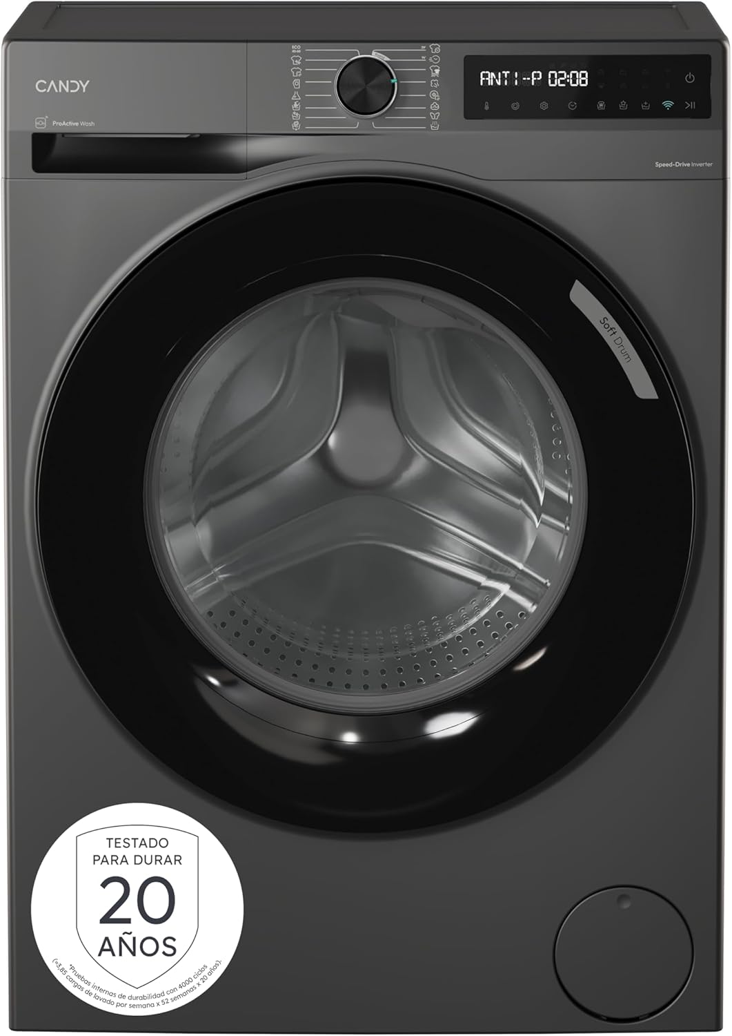 Lavadora Candy ProWash 9KG, 1400 RPM, WIFI, 16 Programas, Motor Inverter, Inicio Programable, Antracita