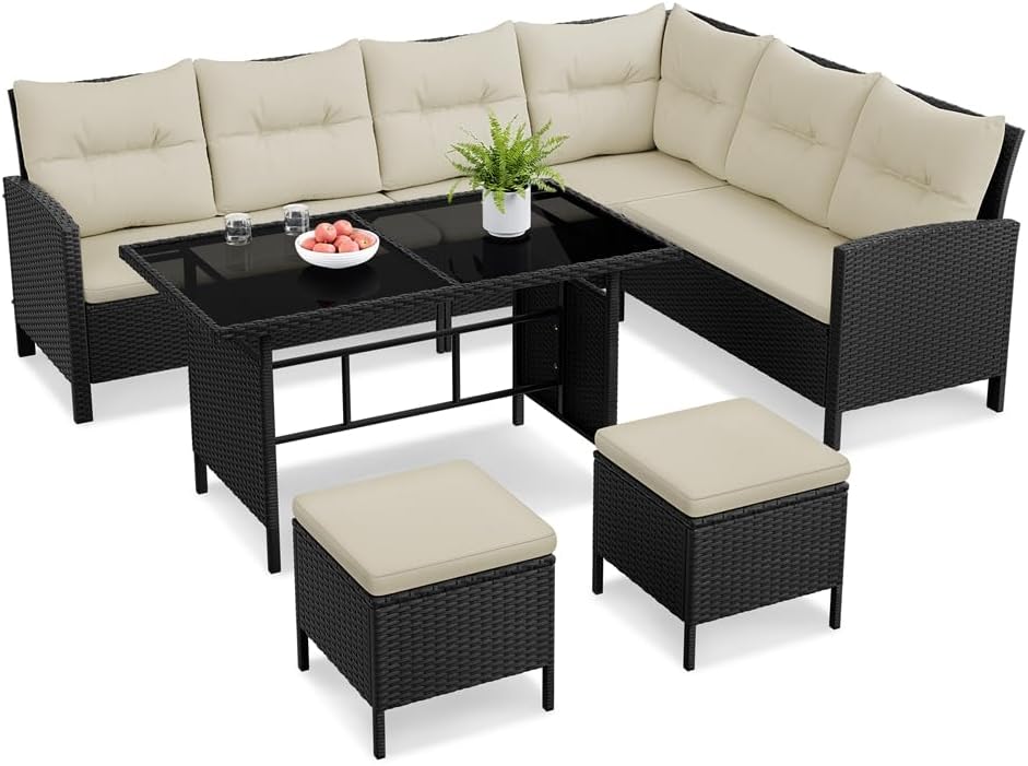 Conjunto de Muebles de Jardín 4 Piezas Sofás de Ratán con Mesa de Cristal y Reposapiés
