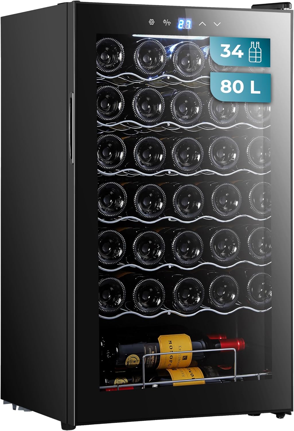 Cava de Vinos Cecotec Bolero 34 Botellas, 80L, Compresor Negro, Temperatura 5-18ºC, Control Táctil, Iluminación LED
