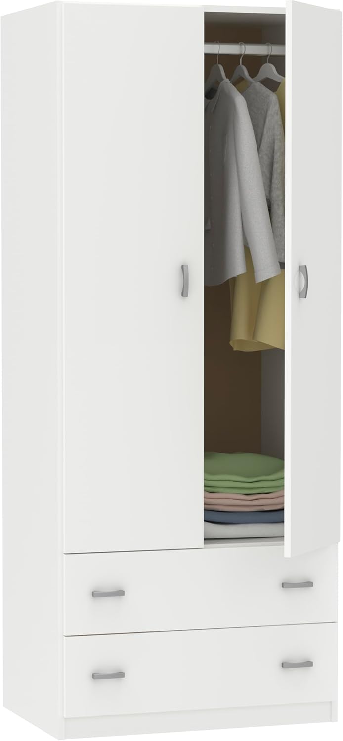 Armario de Dormitorio Blanco con 2 Puertas y 2 Cajones, 180x74x50 cm, Estilo Moderno