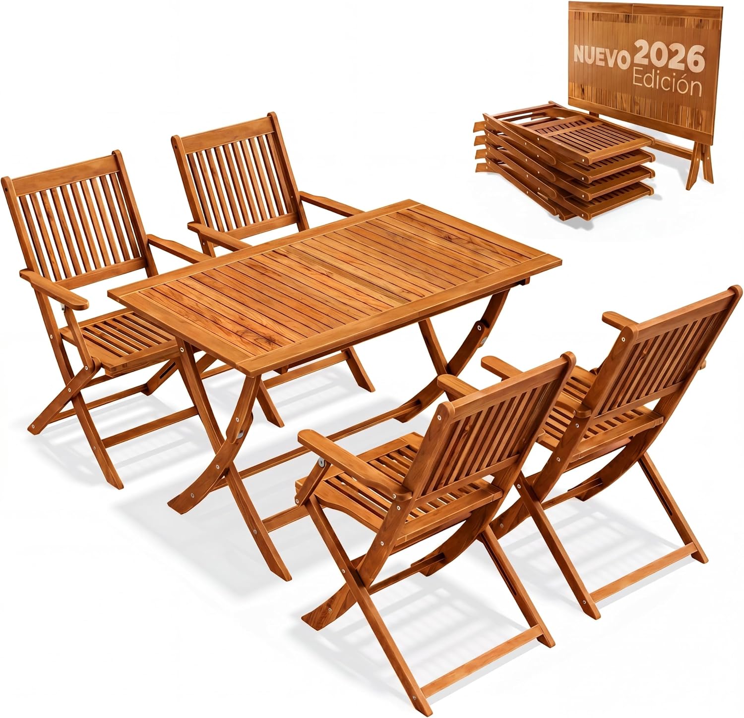 Conjunto de Muebles de Jardín 5 Piezas de Madera de Acacia con Mesa y Sillas Plegables