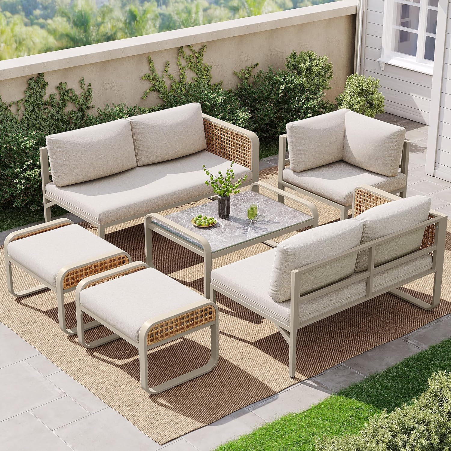 Conjunto de muebles de ratán para jardín, sofá esquinero para 6-7 personas con estructura de hierro galvanizado y cojines incluidos