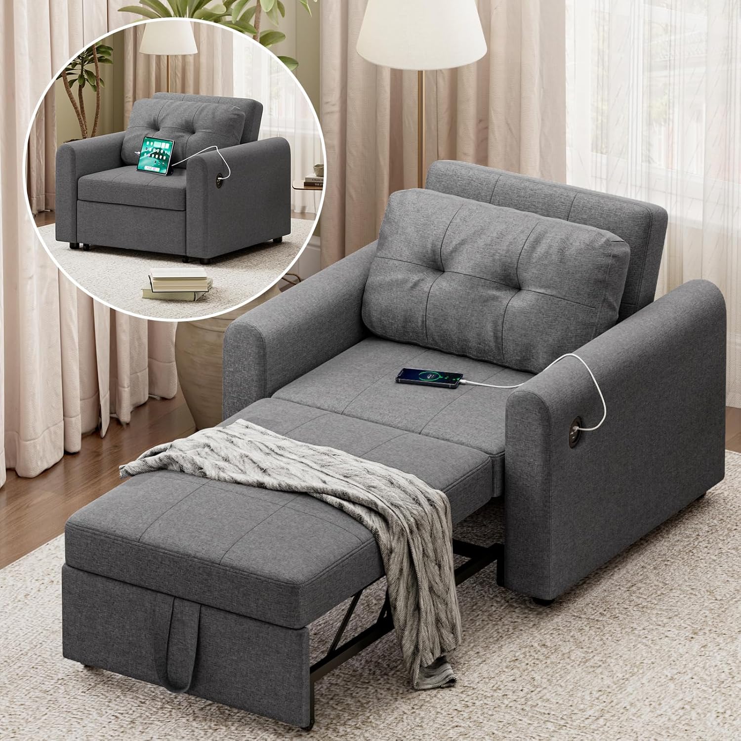 Sofá Cama Multifuncional con Puertos USB y Type-C, Respaldo Ajustable y Cojín, Bolsillo Lateral, Capacidad 200 kg, Perfecto para Salón y Apartamento, Gris Oscuro