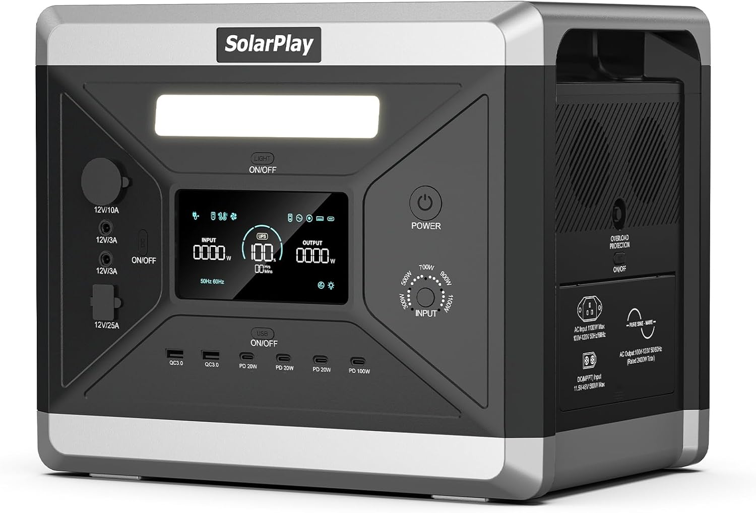 Generador Solar Portátil SolarPlay Q2501, 2160 Wh, Batería LiFeP04 2400 W, Carga Rápida en 2 Horas, Ideal para Camping y Emergencias