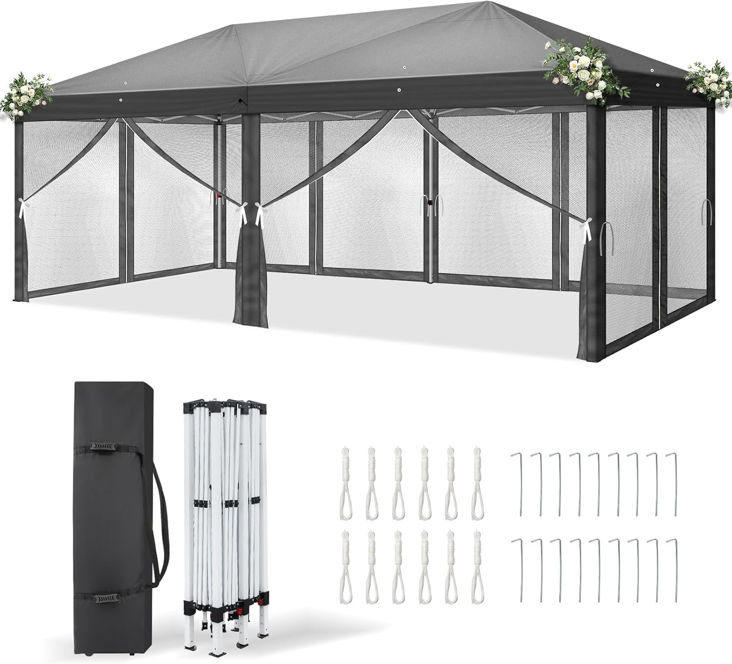 Carpa Plegable 3x6m LEADZM, Impermeable y Protección UV, Altura Ajustable con Mosquiteras, Para Jardín, Terraza y Eventos, Color Antracita