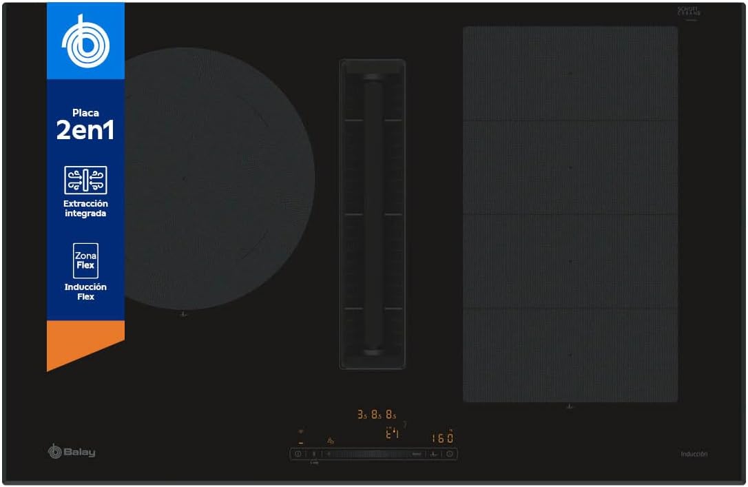 Placa de inducción 80 cm con extractor integrado, Balay, Flex inducción, 11 niveles, negro