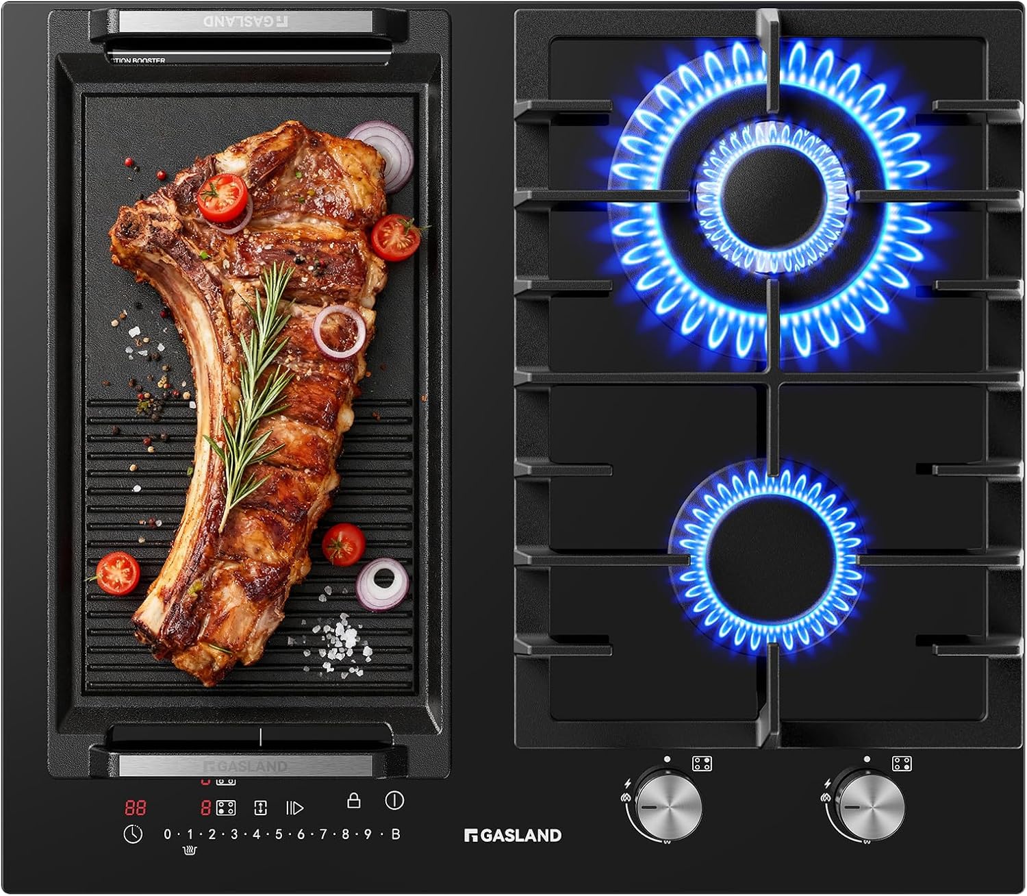 Placa Combinada Gas e Inducción GASLAND 60 cm, 5200 W con Quemador Wok, 3500 W Inducción y Función BBQ, Vidrio Negro Integrado