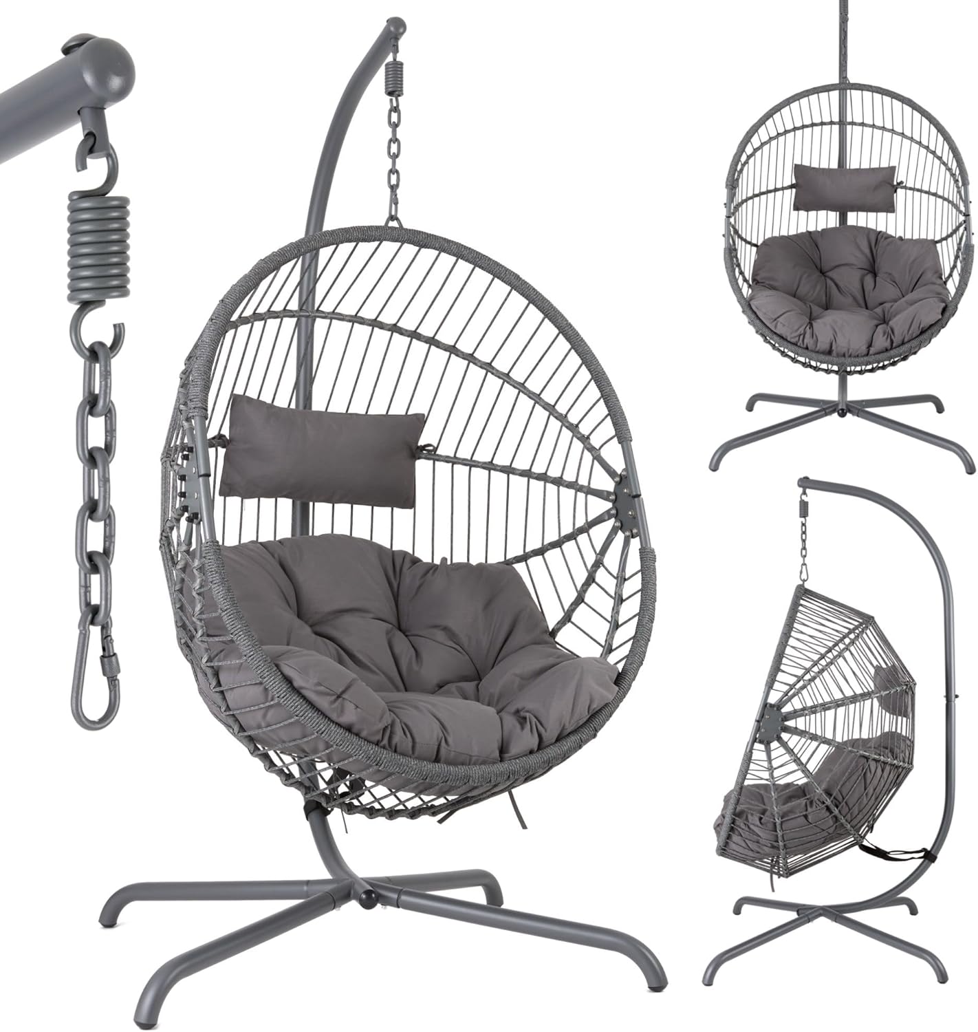 Silla Colgante Relax de Jardín Arebos con Cojines, Altura Ajustable, Estructura de Acero Resistente, Apta para Interior y Exterior, Color Gris