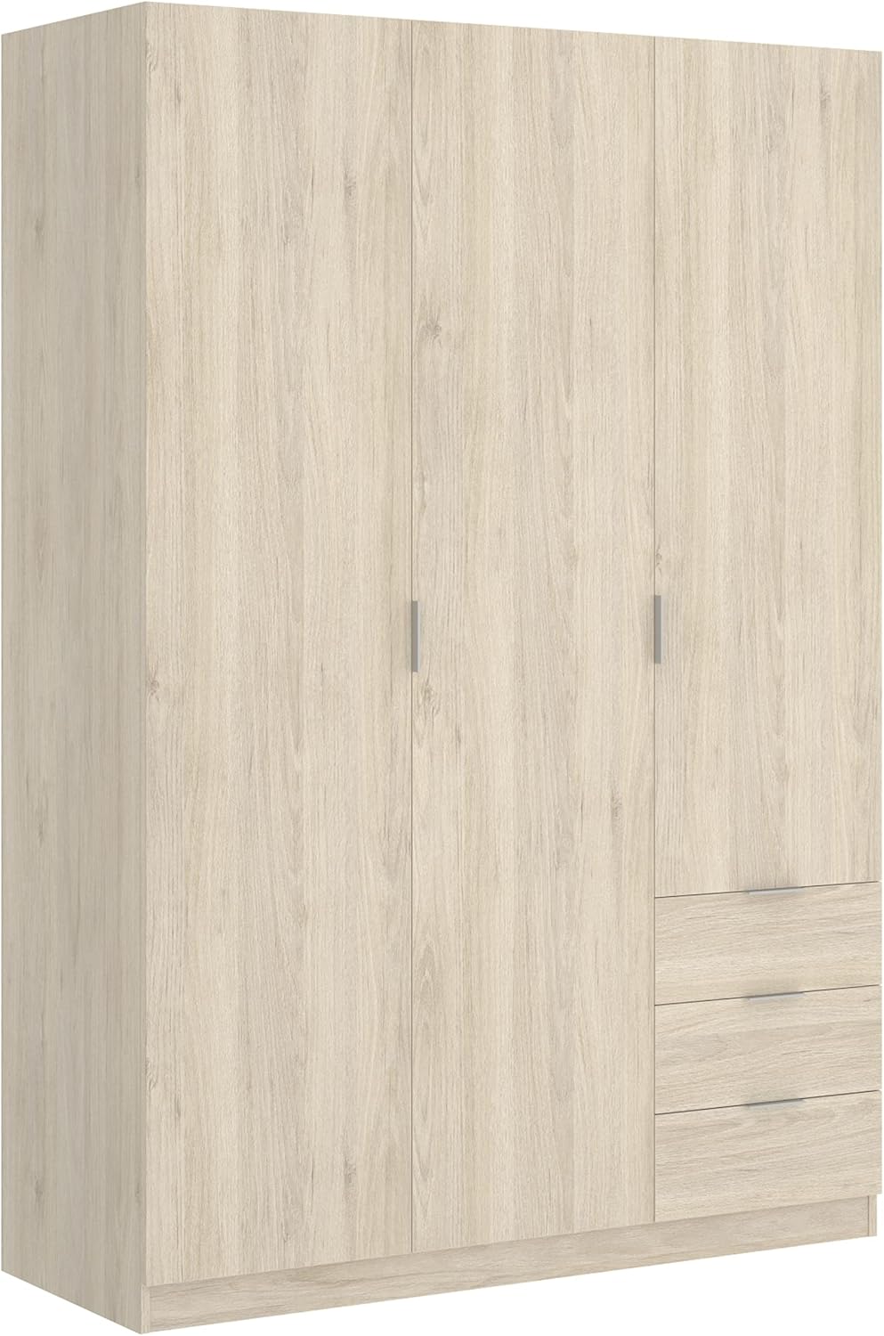 Armario de 3 puertas y 3 cajones, color natural, 121x184x52 cm