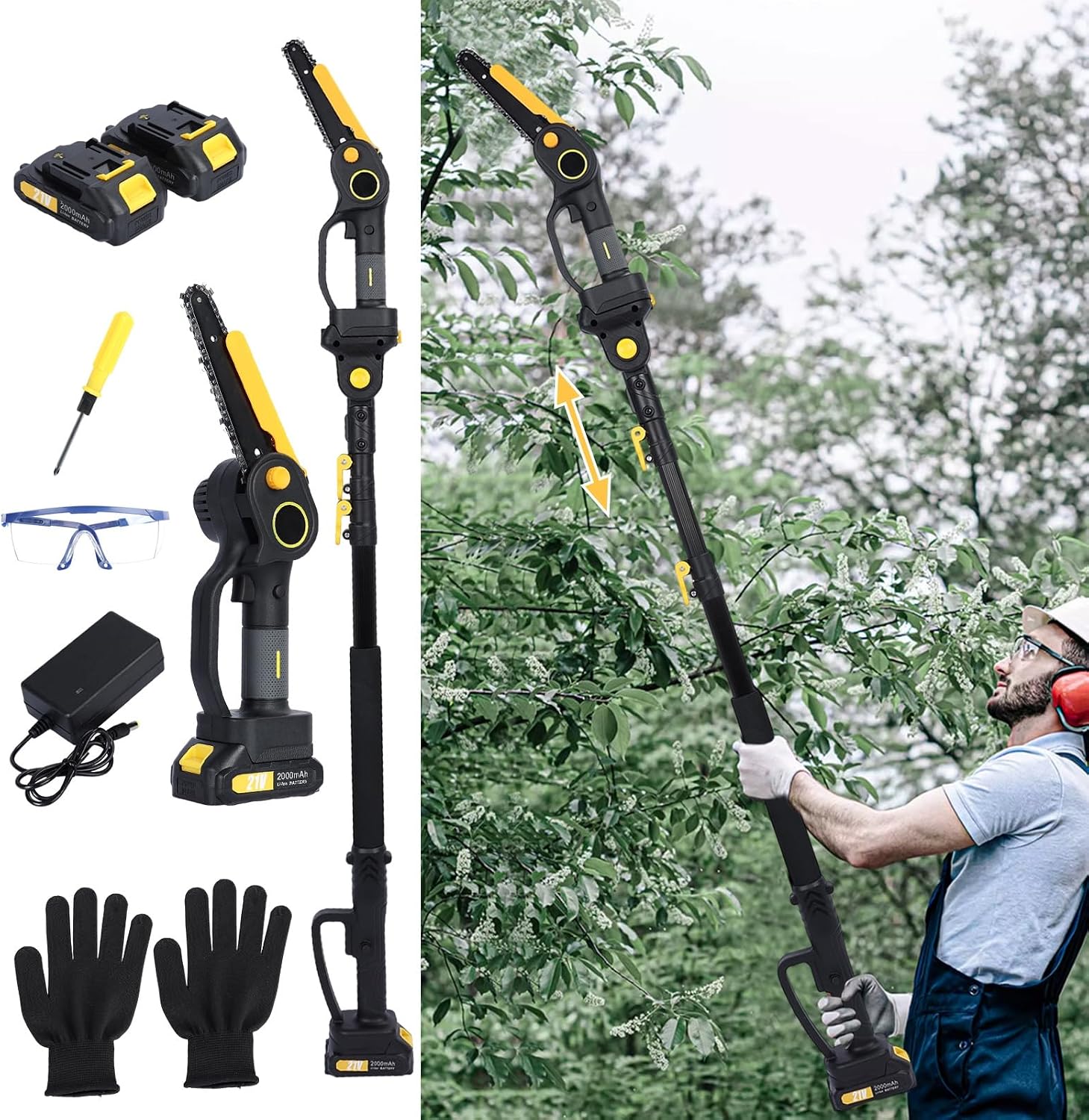 Motosierra de Pértiga Inalámbrica Telescópica, 800W Sin Escobillas, 6'' con 2 Baterías 2.0Ah