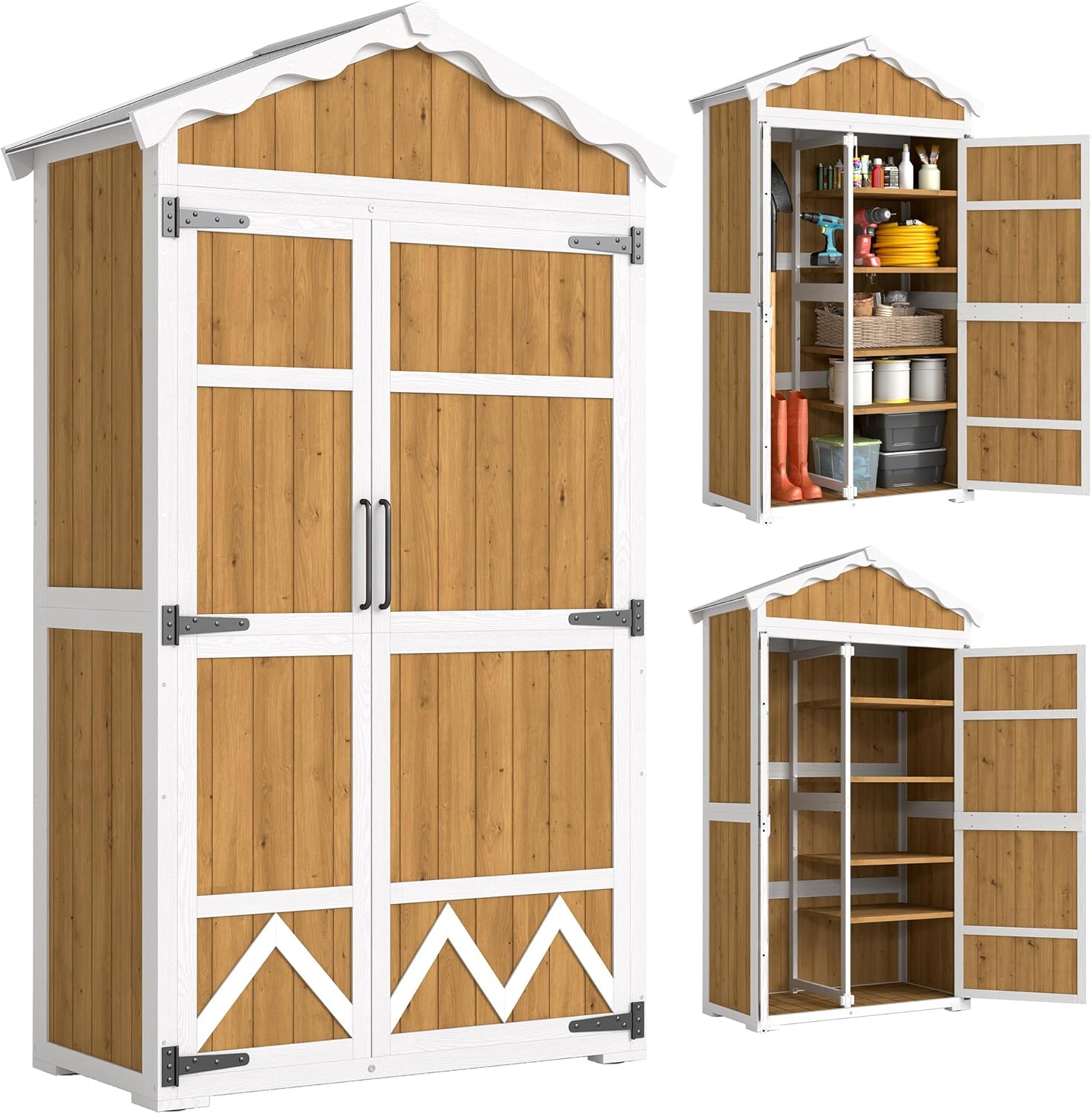 Cobertizo de Madera para Herramientas 105x55x179 cm de Outsunny, Impermeable con Techo Metálico y Estantes Desmontables