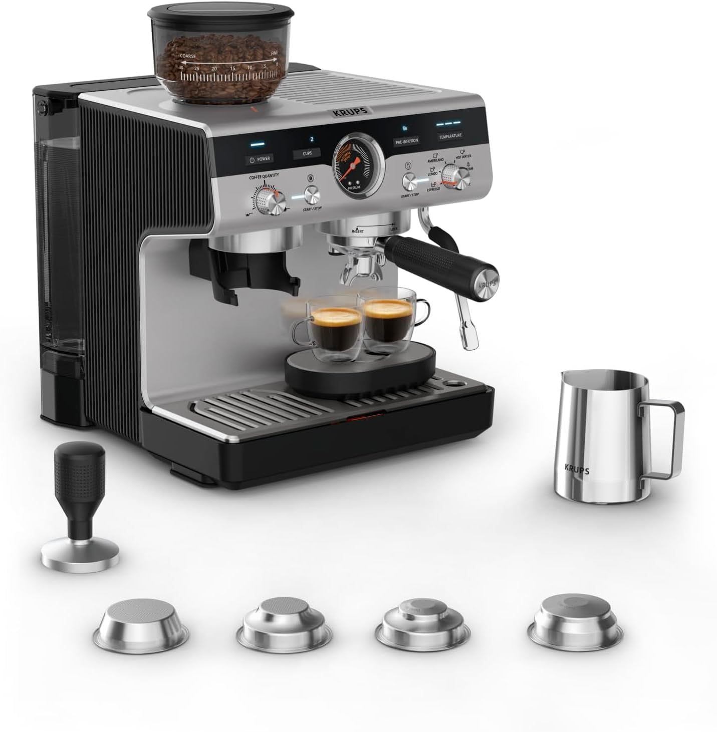 Máquina de Espresso y Capuchino Krups con Molinillo Integrado, 30 Niveles de Molienda, Acabado en Acero Inoxidable, Modelo XP801T10