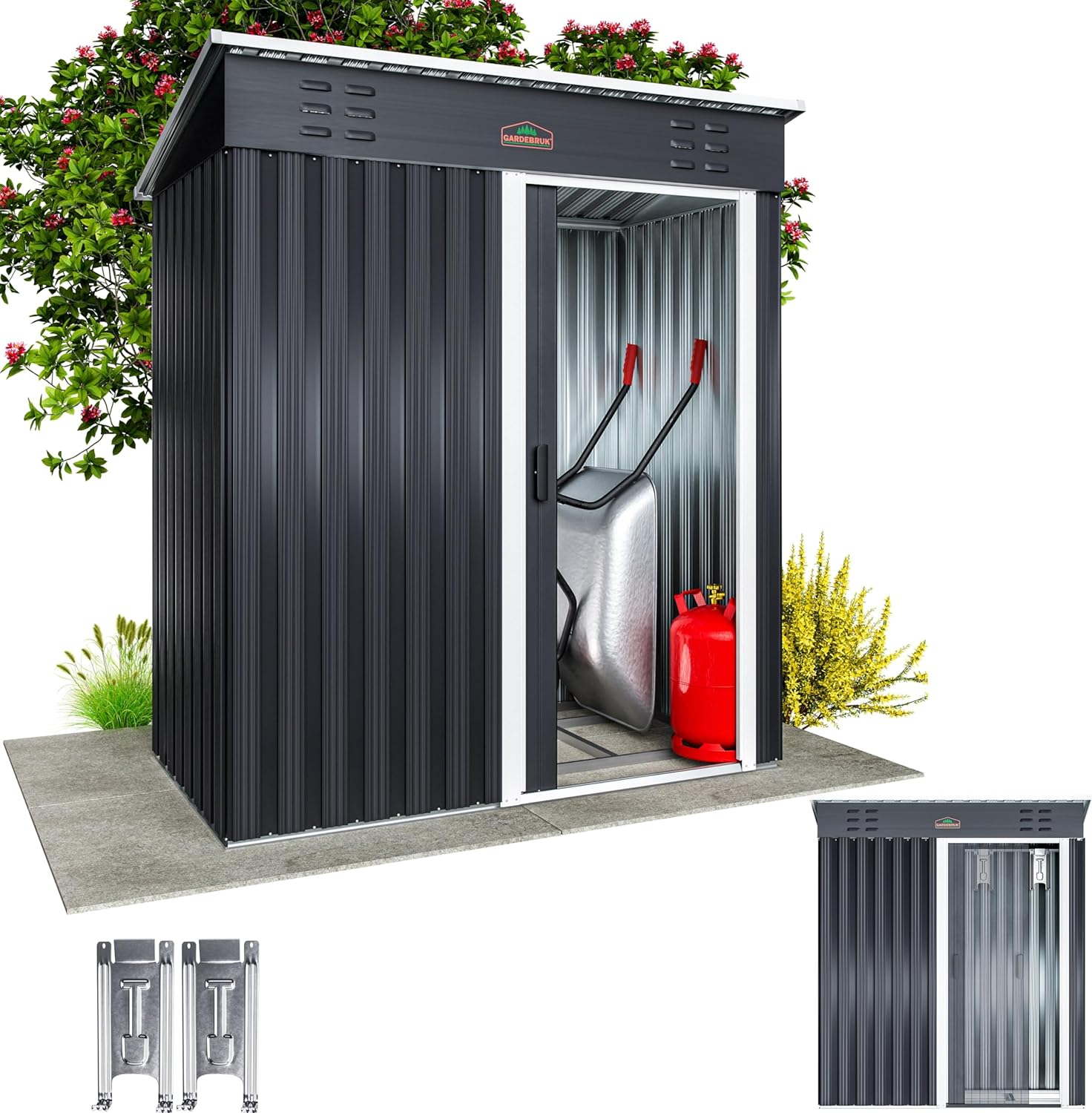 Caseta Metálica Jardín 1,5m² GARDEBRUK® con Puerta Corredera y Guantes, Antracita