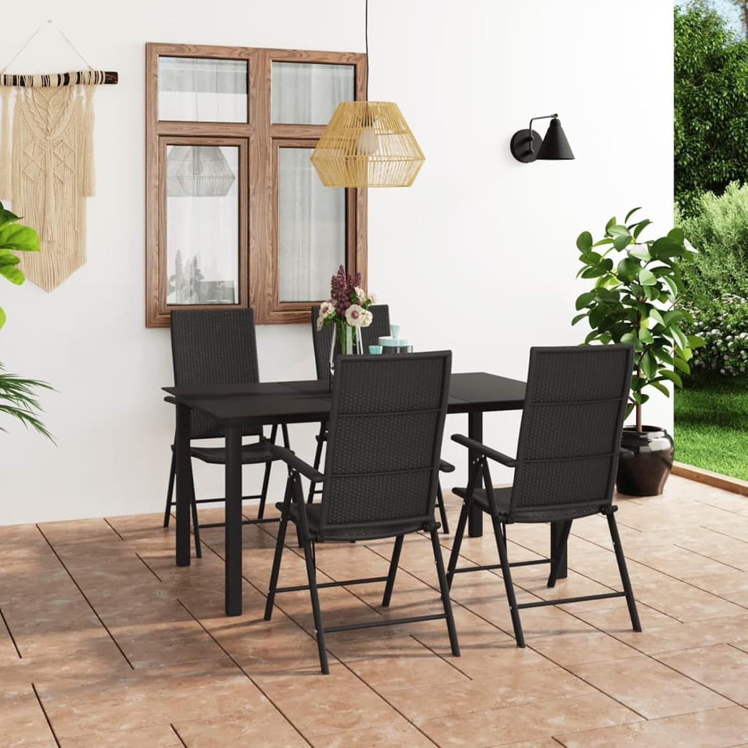 Conjunto de Comedor Exterior 5 Piezas Negro, Mesa de Cristal y Sillas de Ratán Sintético
