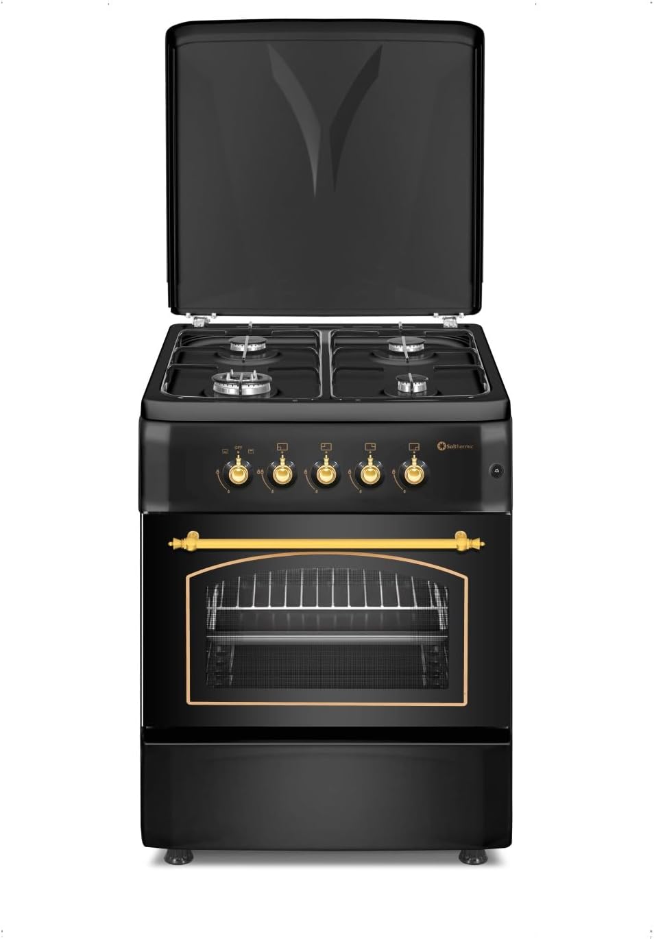 Cocina a Gas Solthermic Negra Rústica 60 cm, 4 Fuegos, Encendido Automático, Compatible Butano y Gas Ciudad