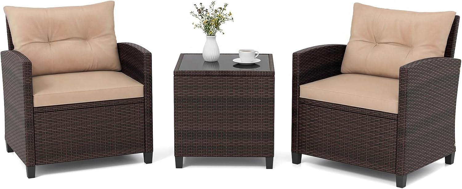 Juego de Muebles de Jardín de Ratán PE con Cojines, Mesa de Vidrio para Terraza y Patio, Set de 3 Piezas para Exteriores