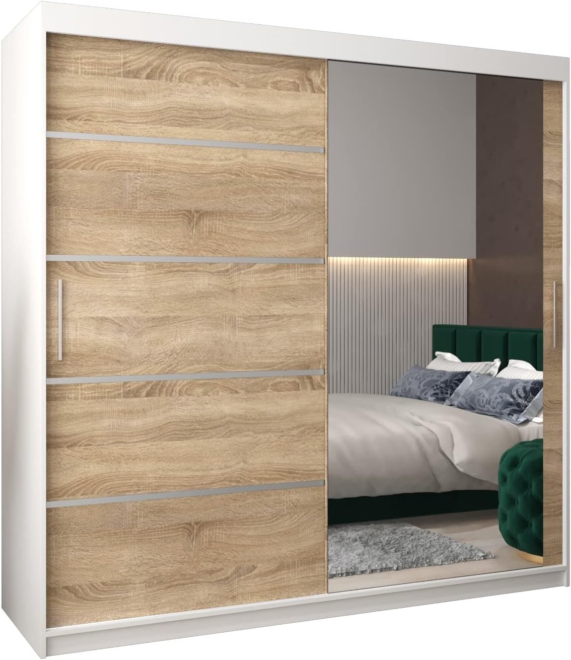 Armario Moderno de Dos Puertas Correderas con Espejo y Estantes 200x200x62 cm