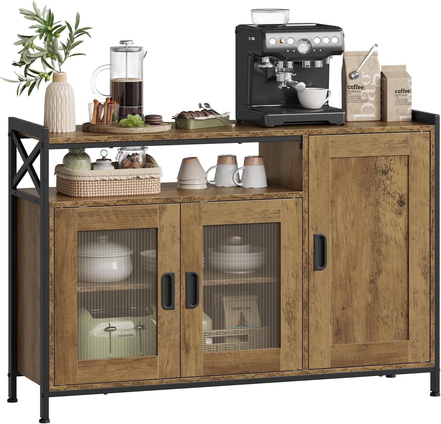 Armario de Cocina WOLTU con Estructura de Metal y Madera, 3 Puertas y Estantes Ajustables, para Comedor y Salón, 110x33x75 cm, Marrón
