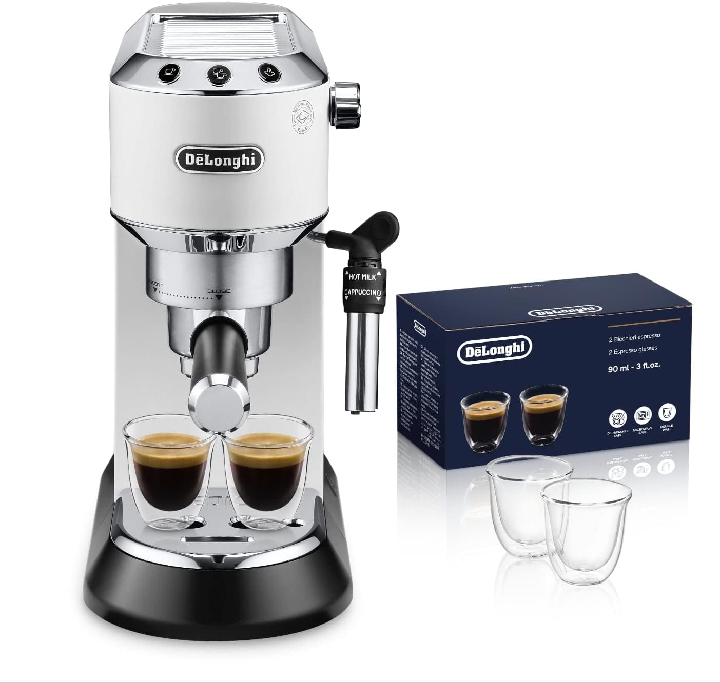 DeLonghi Dedica EC685.W - Cafetera Espresso y Cappuccino, Acero Inoxidable, Compatible con Café Molido y Monodosis, Blanco + Set de 2 Vasos Premium