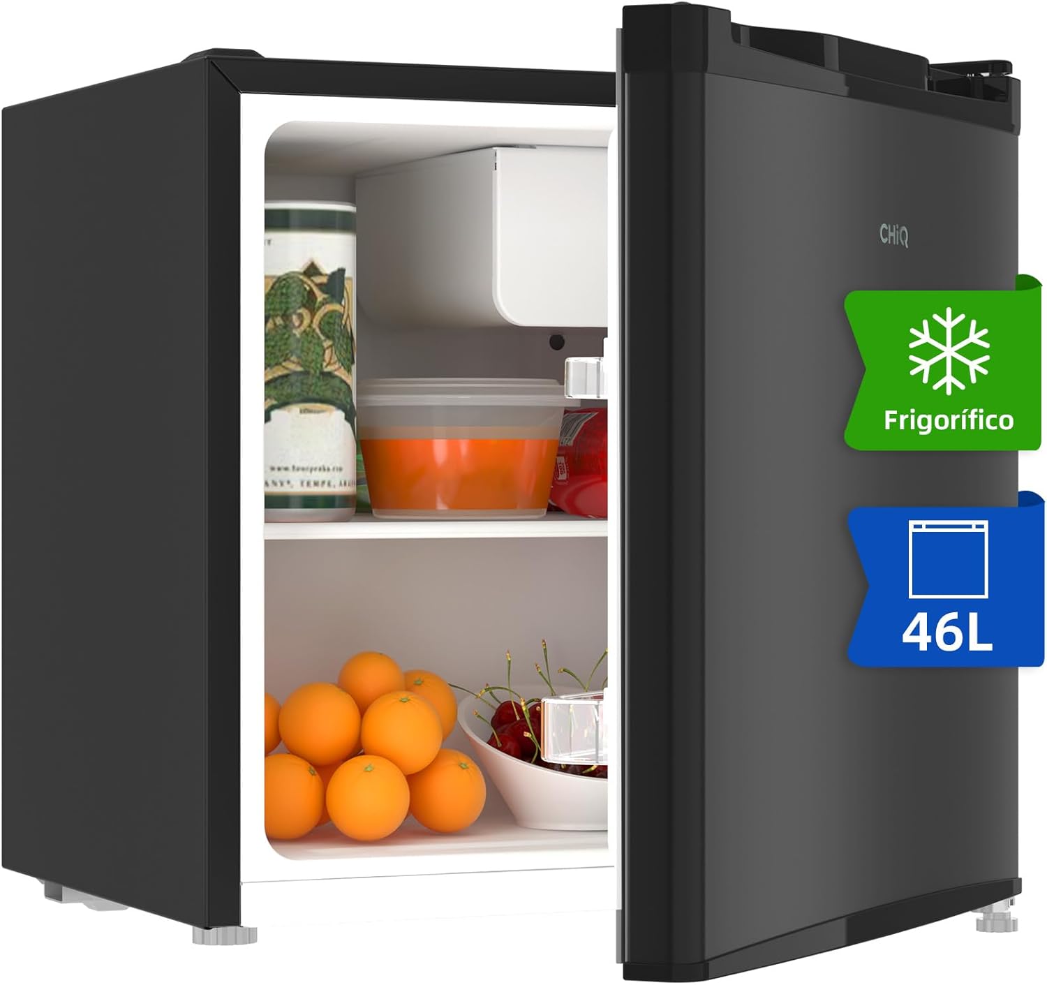Minibar CHIQ 46L, Compresor Integrado, Botellero y Congelador, Temperatura Ajustable, Silencioso, Puerta Reversible, Negro