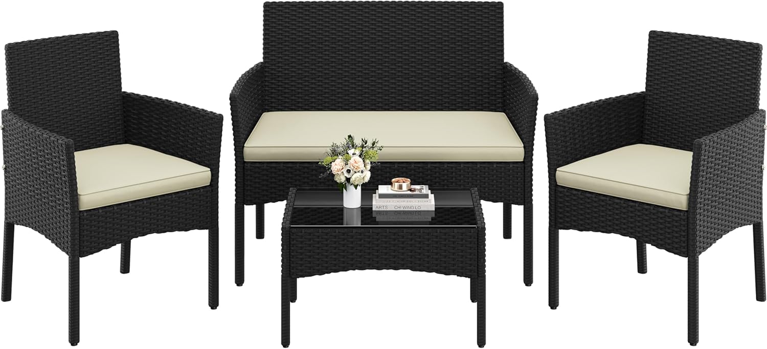 Set de Muebles de Ratán para Jardín con Cojines - 4 Piezas: Sofá, Sillas y Mesa de Vidrio