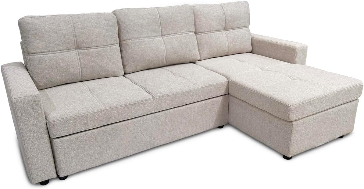 Sofá Cama Chaise Longue Reversible 3 Plazas Beige con Almacenaje 215x135cm - Tapizado Terciopelo y Estructura de Pino